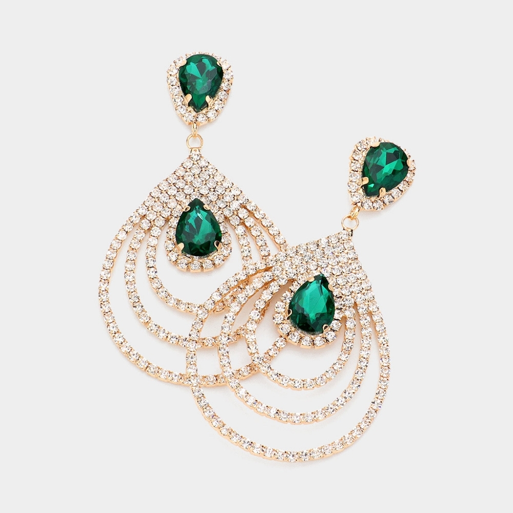 Green Rhinestone Crystal Dangle Earrings Gold Cluster Teardrop Statement Evening